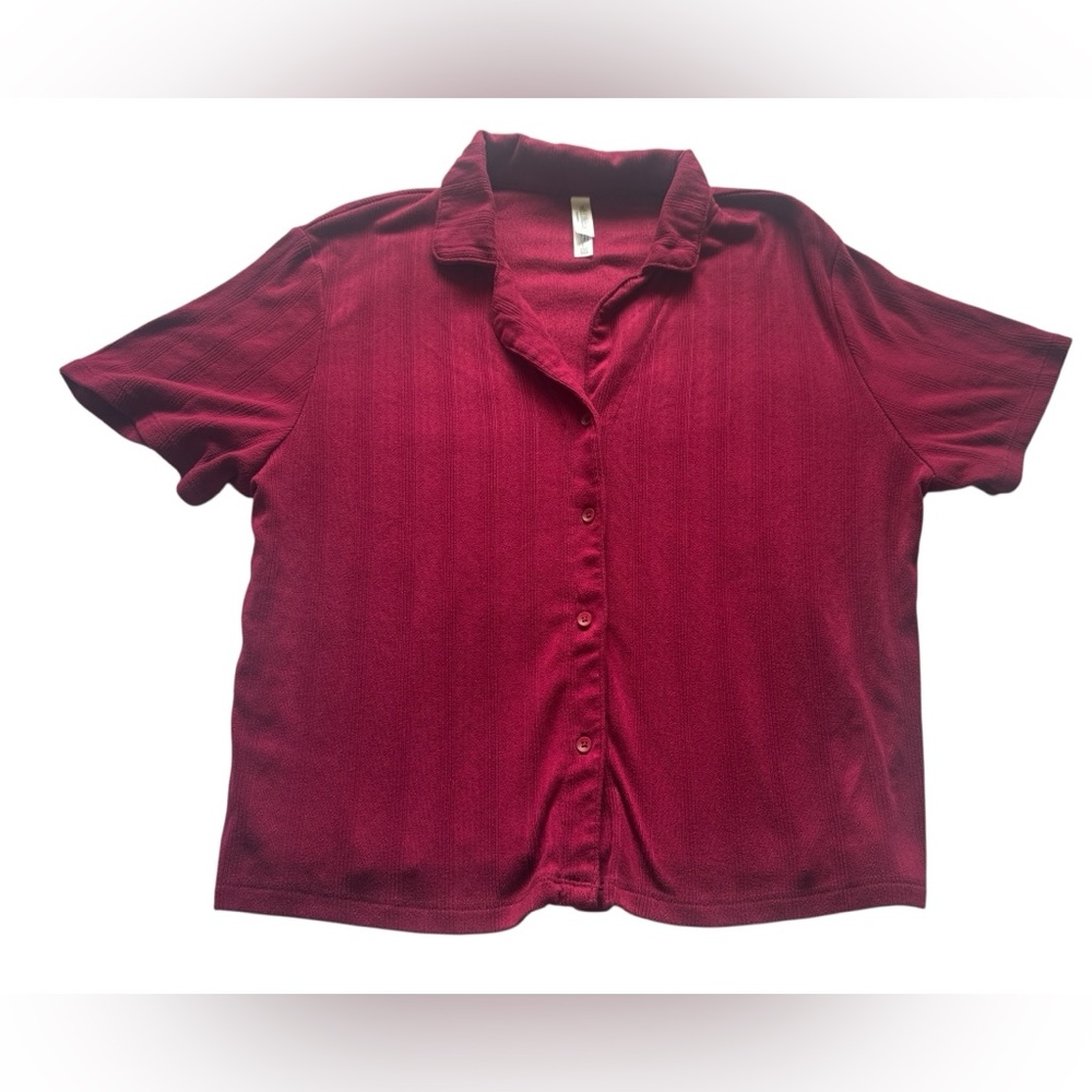 Wild Fable Pajama Set Burgundy Solid Button Down Shirt Ruffle Shorts Size Large - Picture 3 of 7